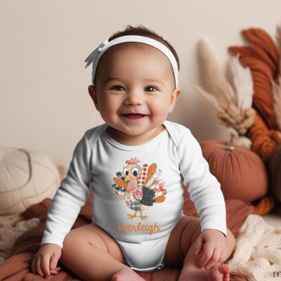  Personalized Thanksgiving Graphic Bodysuit for Baby | Personalized Thanksgiving Baby Bodysuit | Retro Quilted Turkey Long Sleeve Baby Bodys | Long Sleeve Tee for 