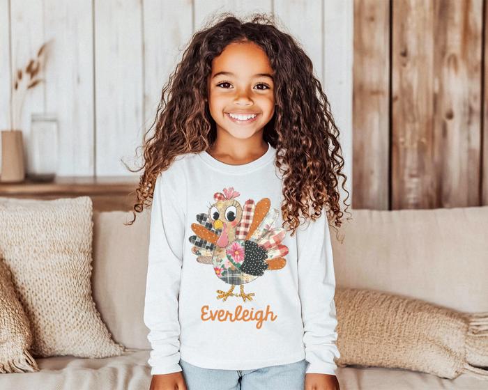 Personalized Thanksgiving Graphic Tee for Girls | Personalized Thanksgiving Tshirt | Retro Quilted Turkey Long Sleeve Tee | Long Sleeve Tee for Girls | Holiday Kids Clothing