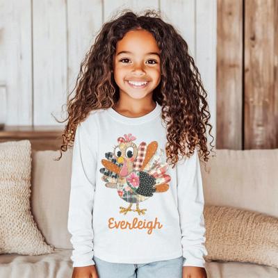 Personalized Thanksgiving Graphic Tee for Girls | Personalized Thanksgiving Tshirt | Retro Quilted Turkey Long Sleeve Tee | Long Sleeve Tee for Girls | Holiday Kids Clothing