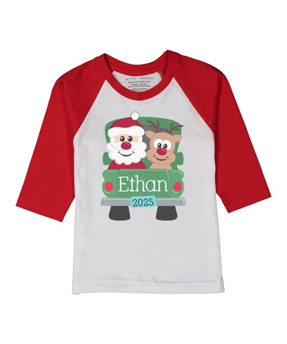 Personalized Santa Rudolph Green Truck | Personalized Christmas Graphic Tee | Holiday Graphic Tee | Santa and Rudolph Tshirt