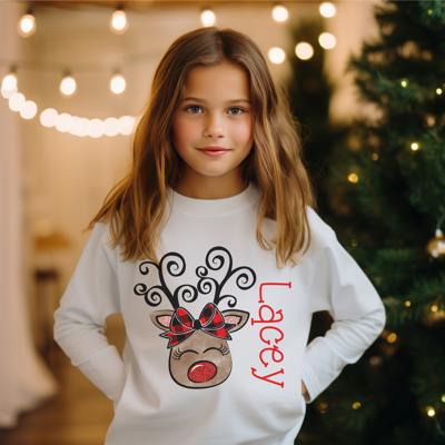 Christmas Graphic Tee for Girls | Personalized Reindeer Red Plaid Bow | Long Sleeve Holiday Tee for Girls 
