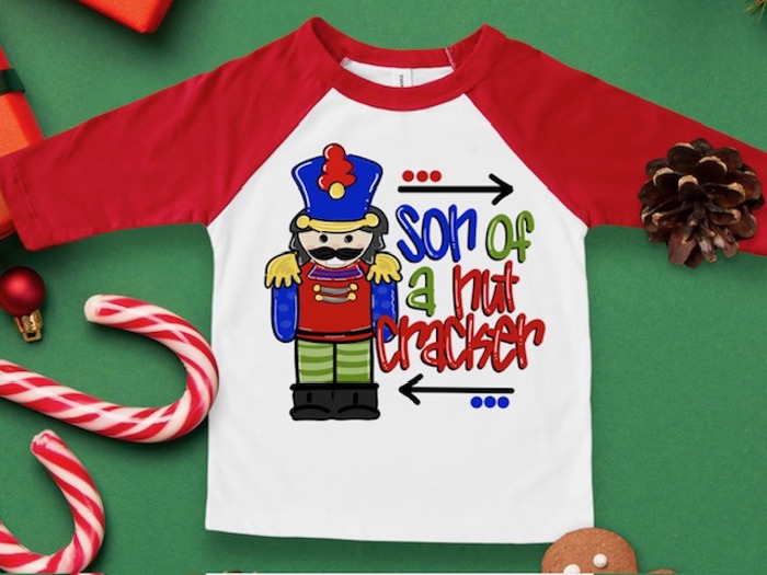 Son of a Nutcracker Red Raglan Tee | Funny Christmas Tee for Boys | Kids Holiday Graphic Tee