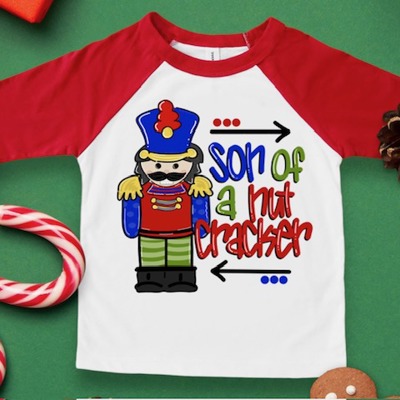 Son of a Nutcracker Red Raglan Tee | Funny Christmas Tee for Boys | Kids Holiday Graphic Tee