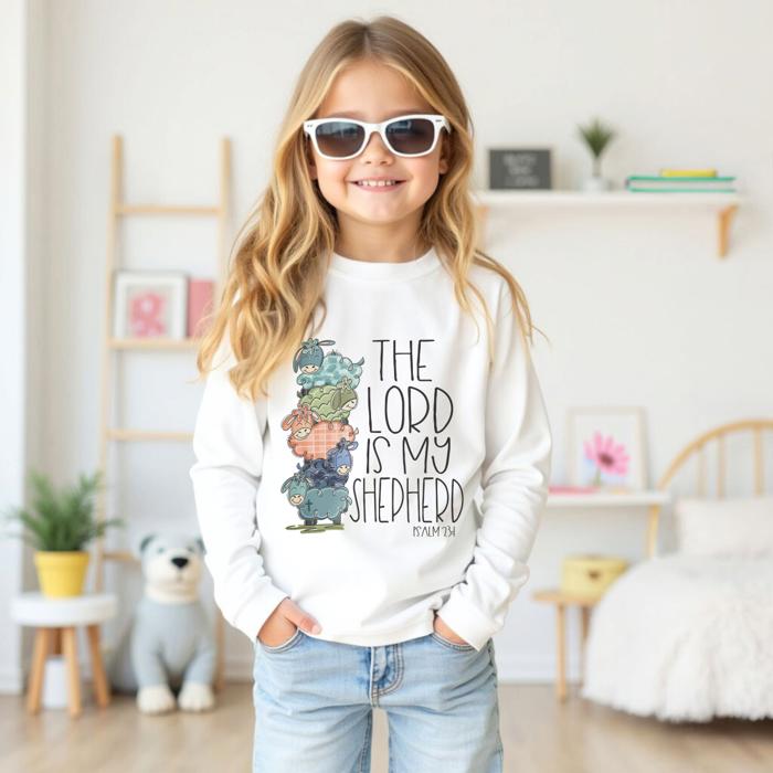 Christian Graphic T shirt for Girls | The Lord is My Shepherd | Psalm 23:1 | Long sleeve tee for girls 