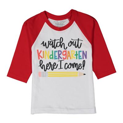 BACK TO SCHOOL Watch out Kindergarten Red Raglan Tee 3/4 sleeve for boys or girls