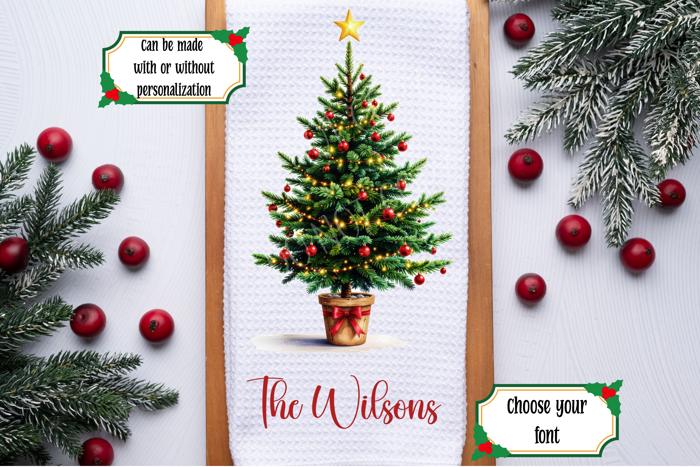 Personalized Christmas Tree Waffle Weave Kitchen Towel, Christmas Winter Kitchen Decor, Christmas Gift