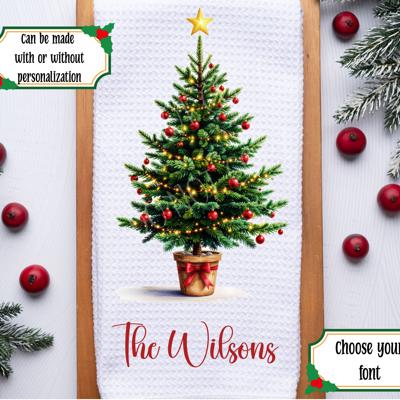 Personalized Christmas Tree Waffle Weave Kitchen Towel, Christmas Winter Kitchen Decor, Christmas Gift