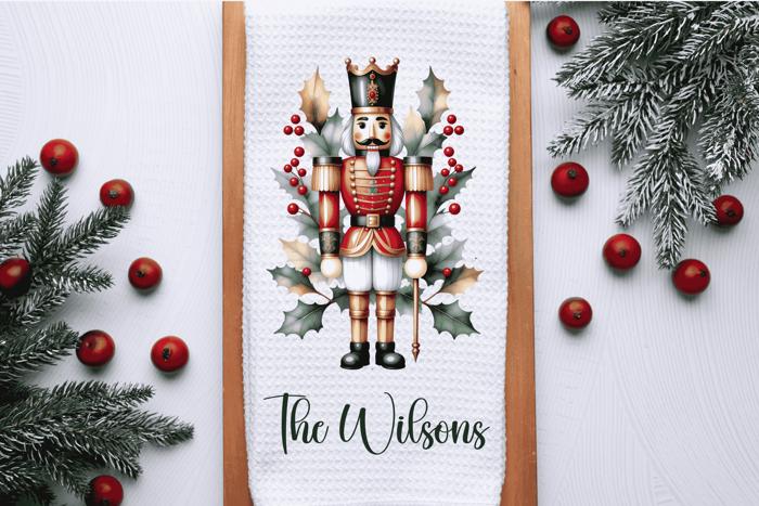 Personalized Nutcracker Waffle Weave Towel, Christmas Holiday Kitchen Hand Towel, Christmas Gift