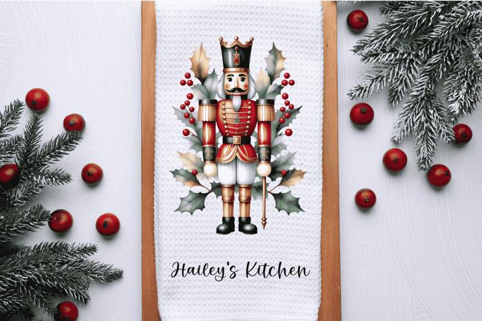 Personalized Nutcracker Waffle Weave Towel, Christmas Holiday Kitchen Hand Towel, Christmas Gift