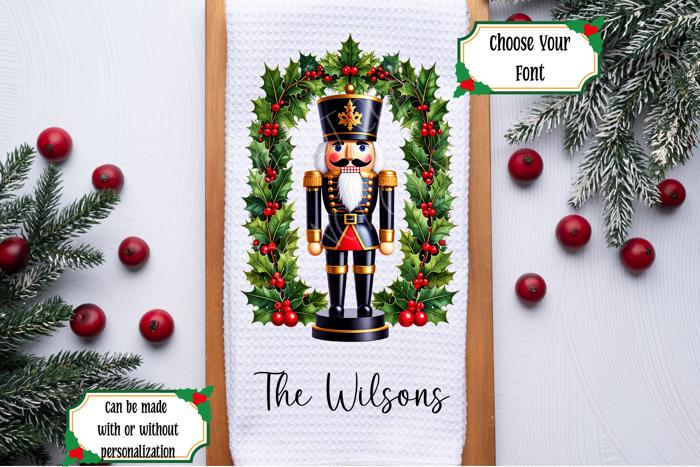 Personalized Black and Gold Nutcracker Waffle Weave Kitchen Towel, Christmas Holiday Hand Towel, Christmas Gift