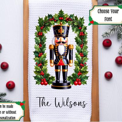 Personalized Black and Gold Nutcracker Waffle Weave Kitchen Towel, Christmas Holiday Hand Towel, Christmas Gift