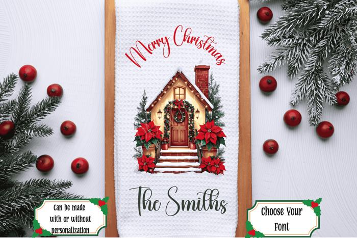 Personalized Merry Christmas Waffle Weave Kitchen Towel, Christmas Holiday Hand Towel, Christmas Gift