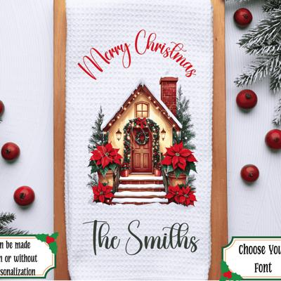 Personalized Merry Christmas Waffle Weave Kitchen Towel, Christmas Holiday Hand Towel, Christmas Gift