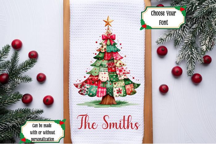 Personalized Patchwork Christmas Tree Waffle Weave Kitchen Towel, Christmas Holiday Kitchen Decor, Holiday Hostess Gift