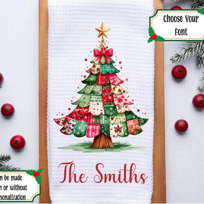 Personalized Patchwork Christmas Tree Waffle Weave Kitchen Towel, Christmas Holiday Kitchen Decor, Holiday Hostess Gift