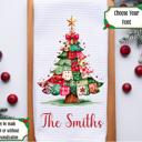  Personalized Patchwork Christmas Tree Waffle Weave Kitchen Towel, Christmas Holiday Kitchen Decor, Holiday Hostess Gift