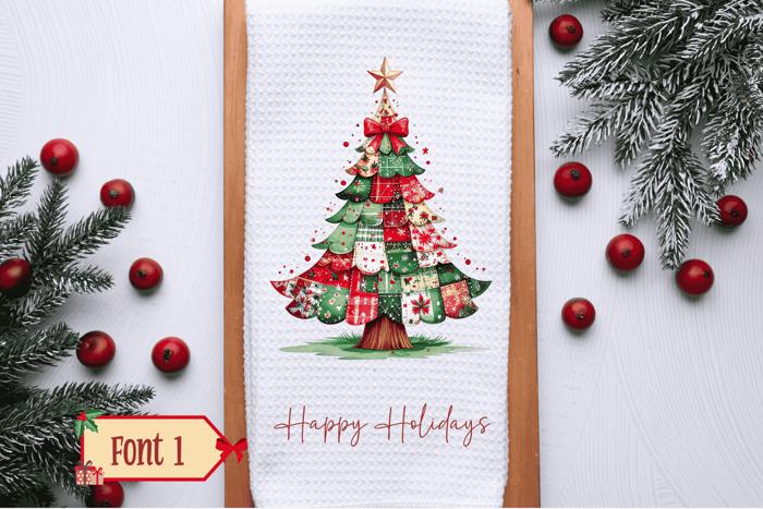Personalized Patchwork Christmas Tree Waffle Weave Kitchen Towel, Christmas Holiday Kitchen Decor, Holiday Hostess Gift