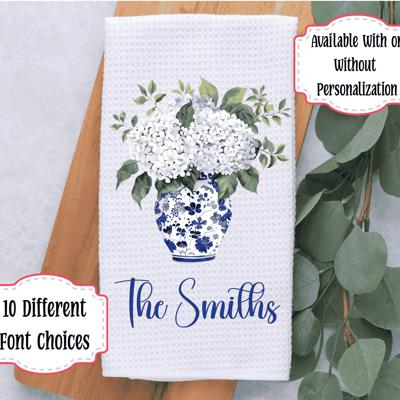 Personalized Hydrangea Waffle Weave Kitchen Towel, Blue Chinoiserie Decor, Hostess or Housewarming Gift