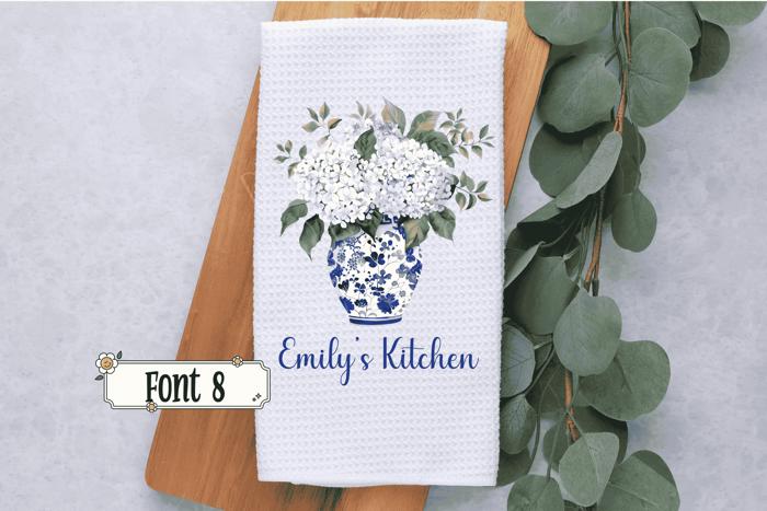 Personalized Hydrangea Waffle Weave Kitchen Towel, Blue Chinoiserie Decor, Hostess or Housewarming Gift