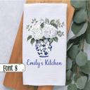  Personalized Hydrangea Waffle Weave Kitchen Towel, Blue Chinoiserie Decor, Hostess or Housewarming Gift