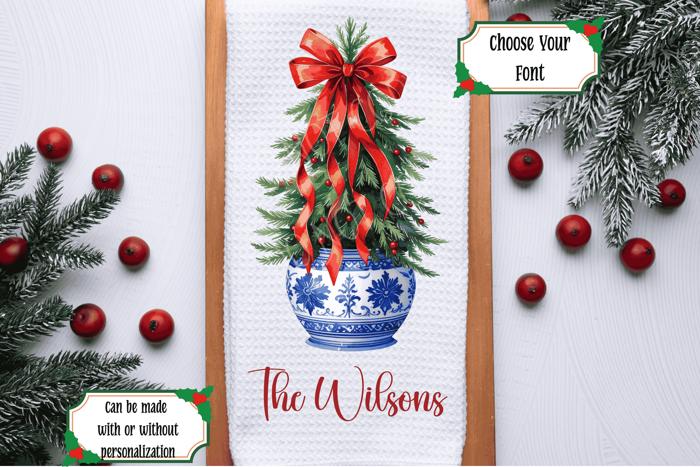Personalized Christmas Tree In Chinoiserie Vase Waffle Weave Kitchen Towel, Christmas Holiday Kitchen Decor, Holiday Hostess Gift