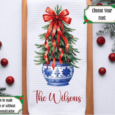 Personalized Christmas Tree In Chinoiserie Vase Waffle Weave Kitchen Towel, Christmas Holiday Kitchen Decor, Holiday Hostess Gift