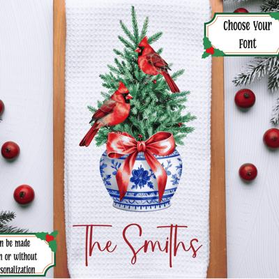 Personalized Cardinals Waffle Weave Kitchen Towel, Christmas Chinoiserie Kitchen Decor, Holiday Hostess Housewarming Gift