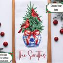  Personalized Cardinals Waffle Weave Kitchen Towel, Christmas Chinoiserie Kitchen Decor, Holiday Hostess Housewarming Gift