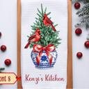  Personalized Cardinals Waffle Weave Kitchen Towel, Christmas Chinoiserie Kitchen Decor, Holiday Hostess Housewarming Gift