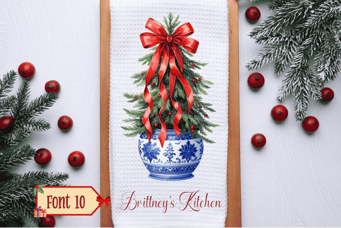 Personalized Christmas Tree In Chinoiserie Vase Waffle Weave Kitchen Towel, Christmas Holiday Kitchen Decor, Holiday Hostess Gift