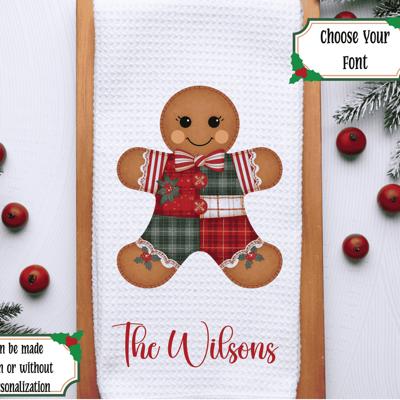 Personalized Faux Patchwork Gingerbread Man Microfiber Waffle Weave Kitchen Towel, Christmas Winter Kitchen Decor, Christmas Gift