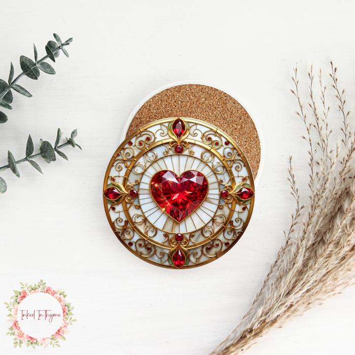 Faux Stained Glass Heart Ceramic Beverage Coaster, Valentine's Drink Coaster, Coffee Table Decor