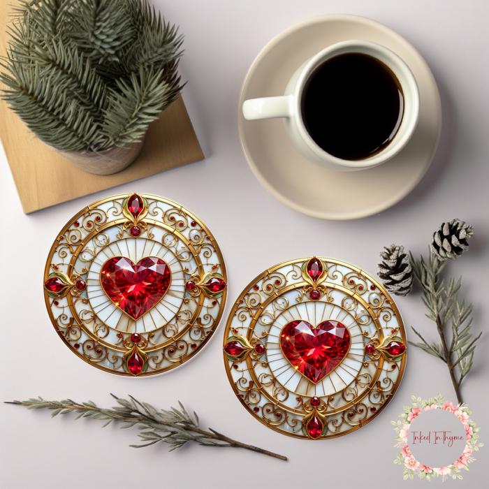 Faux Stained Glass Heart Ceramic Beverage Coaster, Valentine's Drink Coaster, Coffee Table Decor