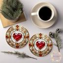 2-piece Faux Stained Glass Heart Ceramic Beverage Coaster, Valentine's Drink Coaster, Coffee Table Decor
