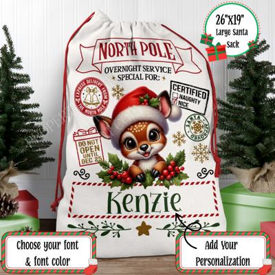 Personalized Reindeer Kids Santa Sack, Present Bag, Christmas Gift Sack, Gift Bag For Girl or Boy, Christmas Decor, Large Canvas Gift Bag