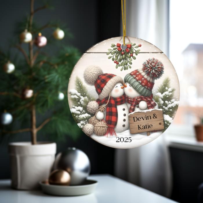 Personalized Kissing Snowman Couple Ceramic Ornament