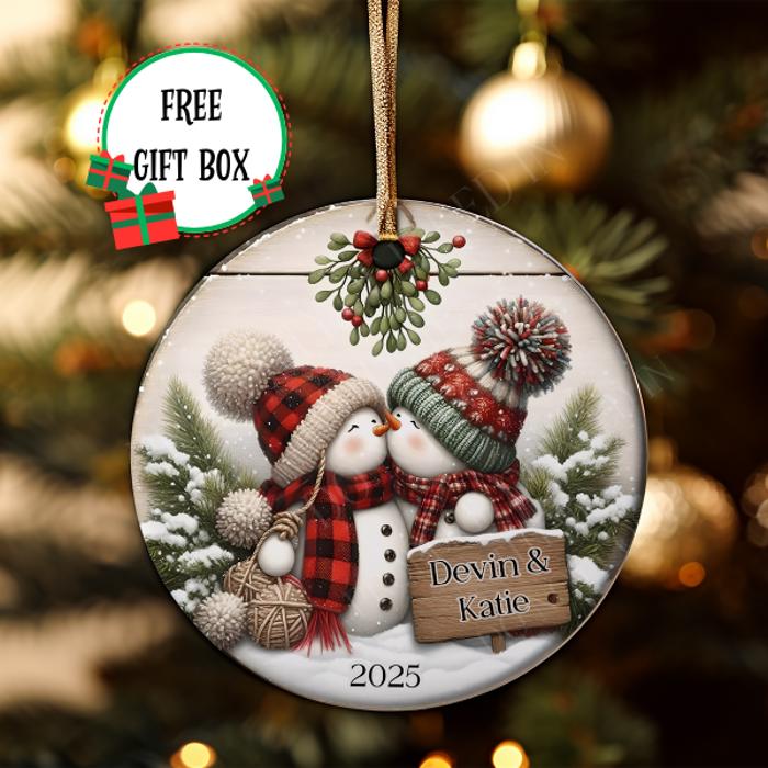 Personalized Kissing Snowman Couple Ceramic Ornament