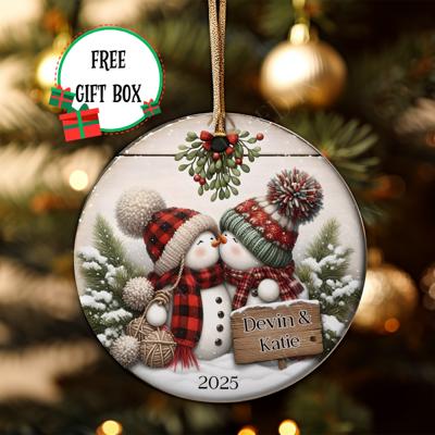 Personalized Kissing Snowman Couple Ceramic Ornament