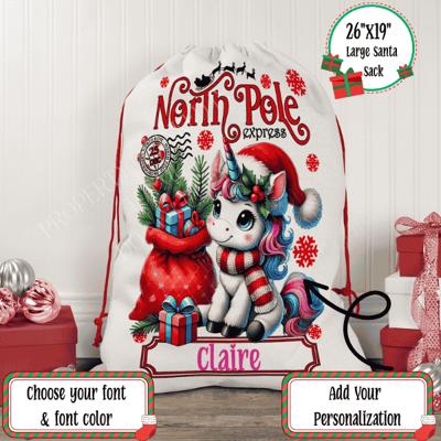 Personalized Kids Unicorn Santa Sack, Christmas Gift Sack, Gift Bag For Girl, Large Canvas Gift Bag