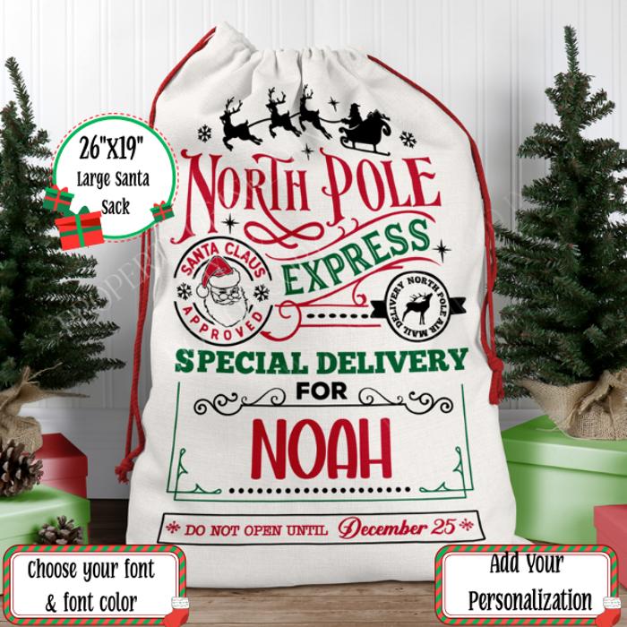Personalized North Pole Santa Sack, Present Bag, Christmas Gift Sack, Gift Bag For Girl or Boy, Christmas Decor, Large Canvas Gift Bag