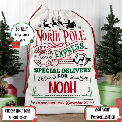Personalized North Pole Santa Sack, Present Bag, Christmas Gift Sack, Gift Bag For Girl or Boy, Christmas Decor, Large Canvas Gift Bag