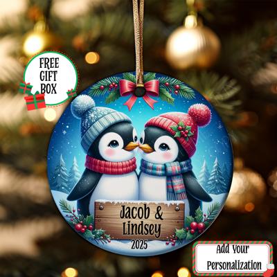 Personalized Kissing Penguin Couple Ceramic Ornament, Gift For Couples, Engagement or Wedding Gift, Newlywed Keepsake Ornament