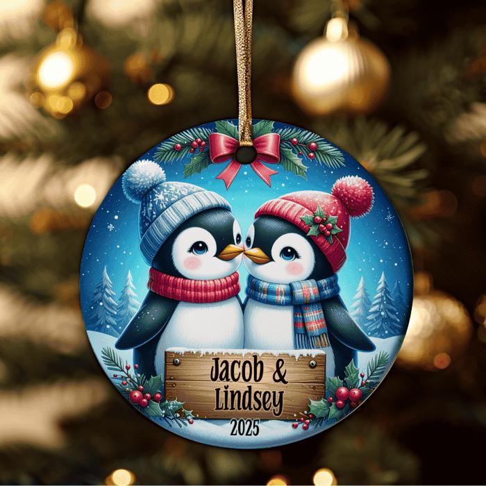 Personalized Kissing Penguin Couple Ceramic Ornament, Gift For Couples, Engagement or Wedding Gift, Newlywed Keepsake Ornament