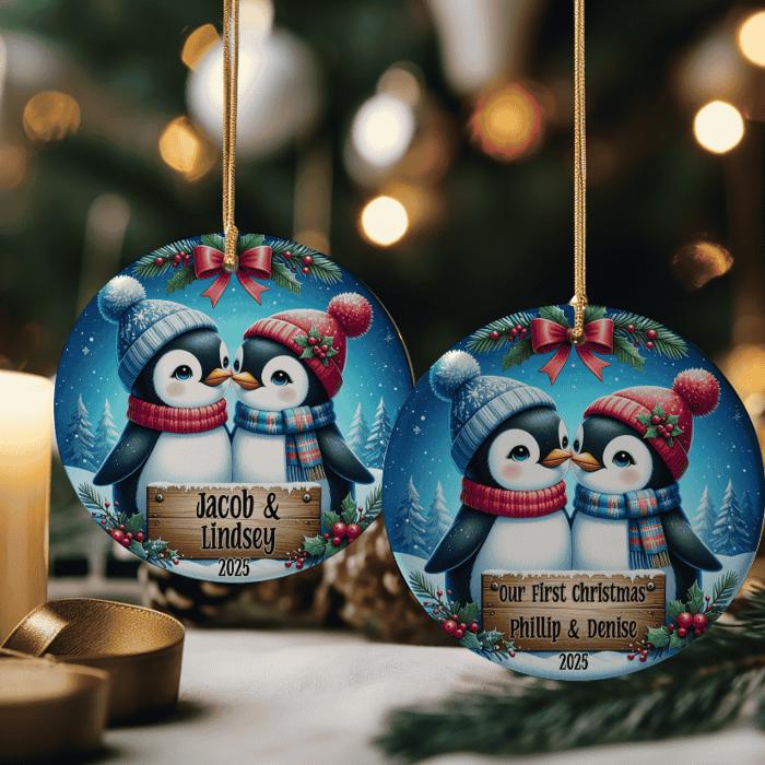 Personalized Kissing Penguin Couple Ceramic Ornament, Gift For Couples, Engagement or Wedding Gift, Newlywed Keepsake Ornament