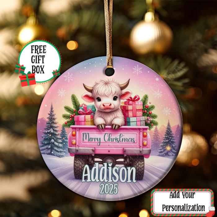 Personalized Highland Cow Ceramic Ornament, Girls Christmas Gift, Kids Keepsake Ornament, Stocking Stuffer