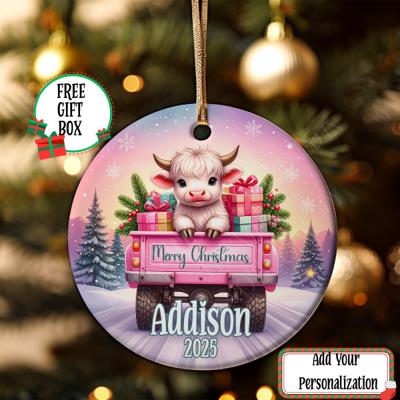 Personalized Highland Cow Ceramic Ornament, Girls Christmas Gift, Kids Keepsake Ornament, Stocking Stuffer