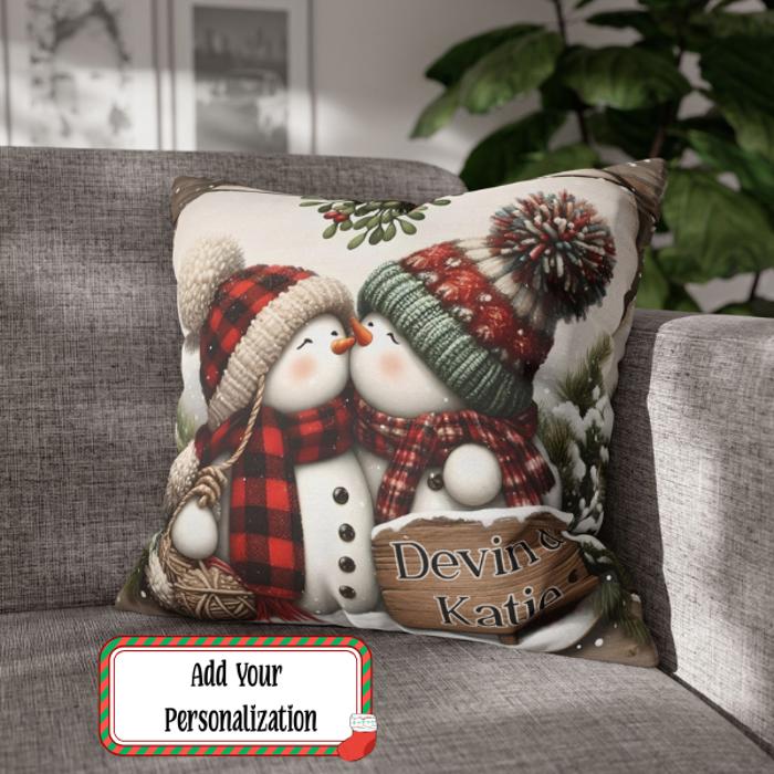 Personalized Kissing Snowman Couple Double Sided Pillow Cover, Christmas Decor, Gift For Newlyweds