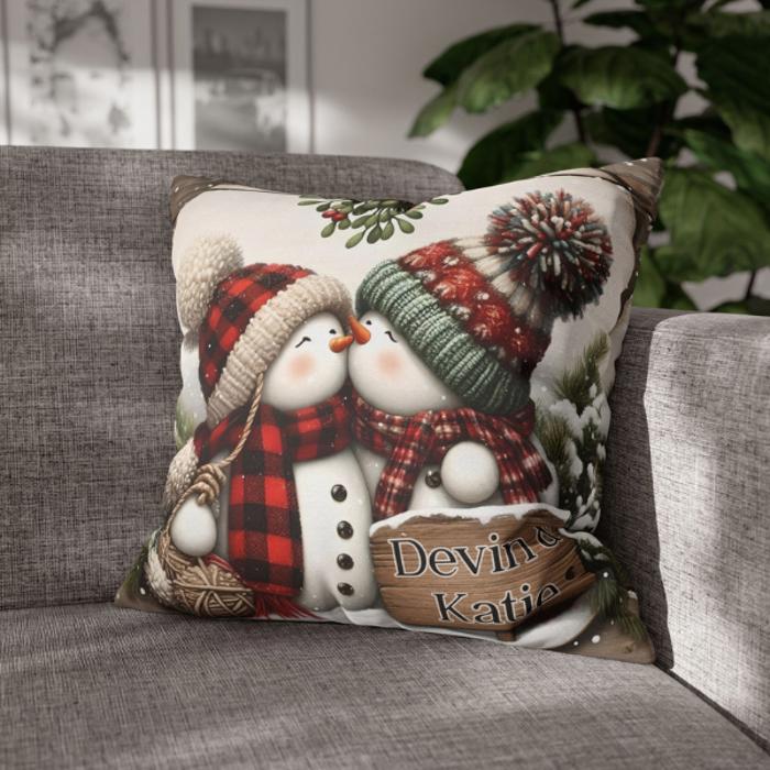 Personalized Kissing Snowman Couple Double Sided Pillow Cover, Christmas Decor, Gift For Newlyweds