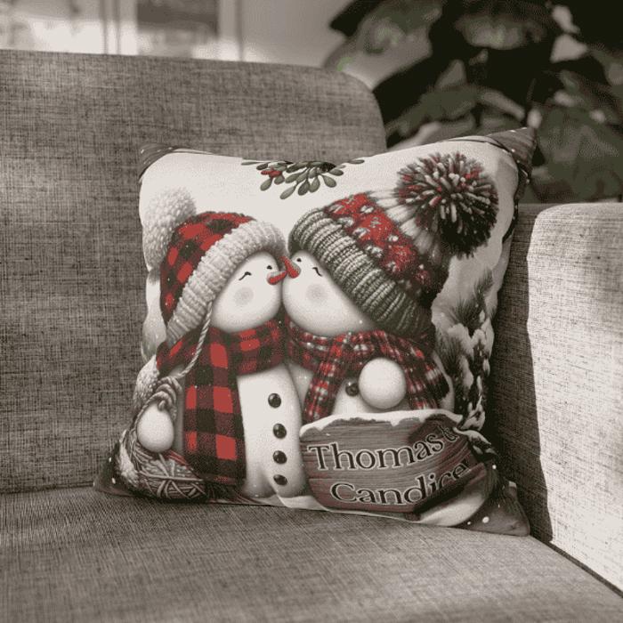 Personalized Kissing Snowman Couple Double Sided Pillow Cover, Christmas Decor, Gift For Newlyweds