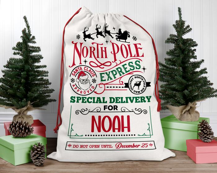 Personalized North Pole Santa Sack, Present Bag, Christmas Gift Sack, Gift Bag For Girl or Boy, Christmas Decor, Large Canvas Gift Bag